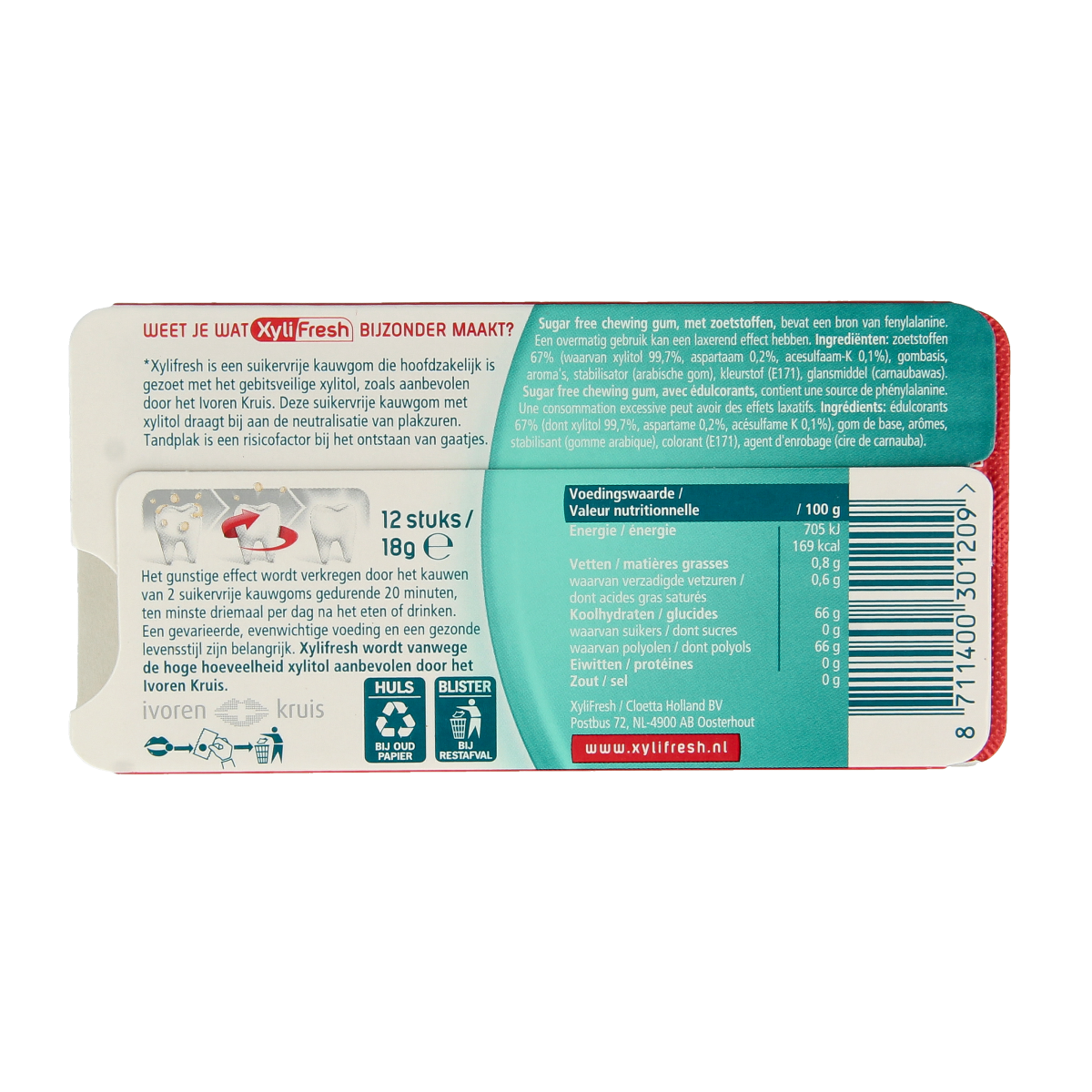Xylifresh Mentholmint snoepgoed in a clear plastic package, featuring green mint candies with a fresh, minty appearance.