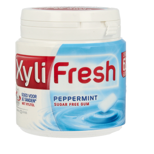Xylifresh Peppermint snoepgoed in 93g package, showing fresh peppermint candies in colorful packaging.