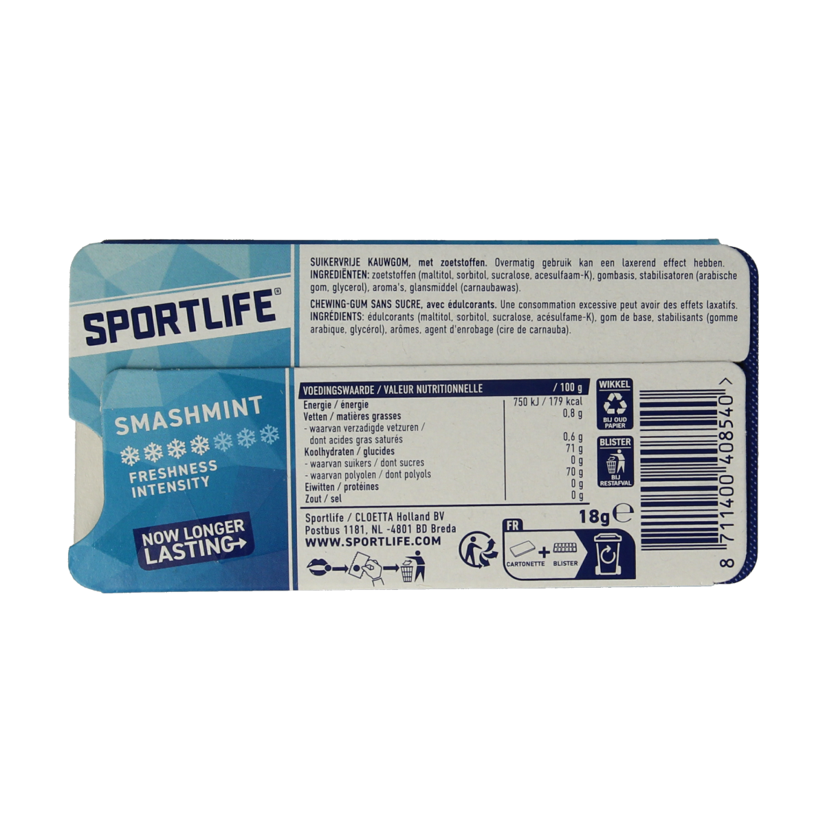 Sportlife Smashmint blauw snoepgoed pack with 1.00 piece, featuring bright blue mint-flavored candies in a colorful package.