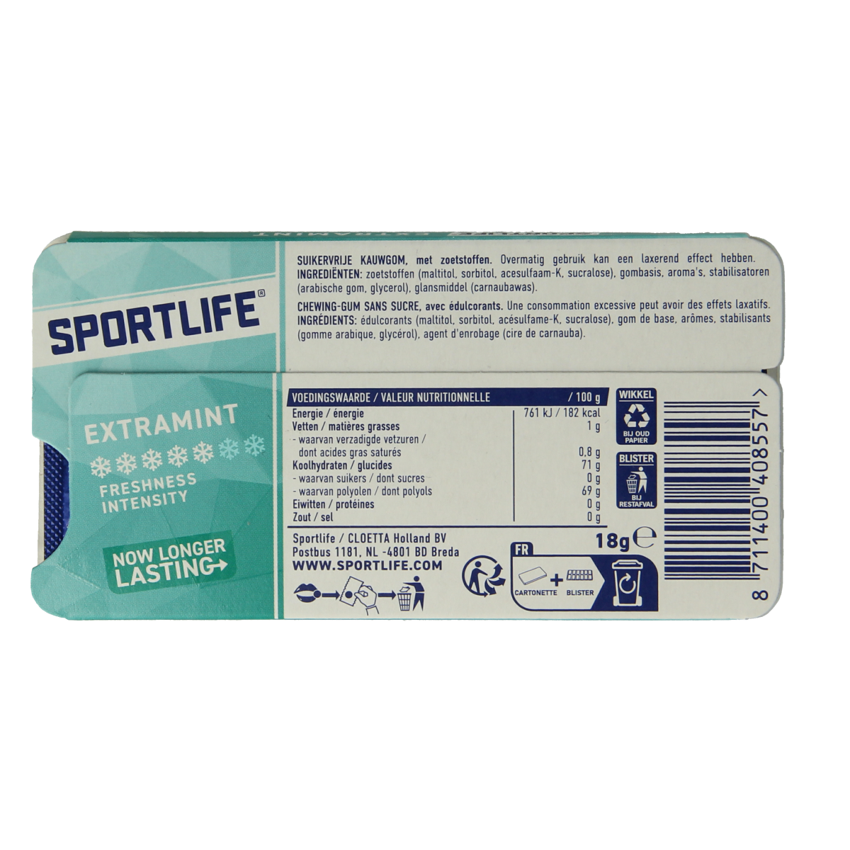 Sportlife Extramint licht blauwe snoepgoed pack, refreshing mint candies in a clear plastic bag.