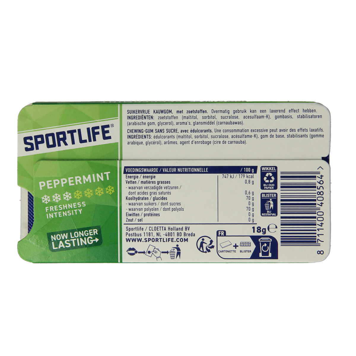 Sportlife peppermint green chewing gum pack with 1 piece, displaying fresh green packaging and gum pieces.