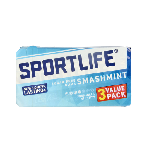 Sportlife Smashmint snoepgoed 3-pack, fresh mint candies in bright packaging, featuring the Sportlife brand logo.