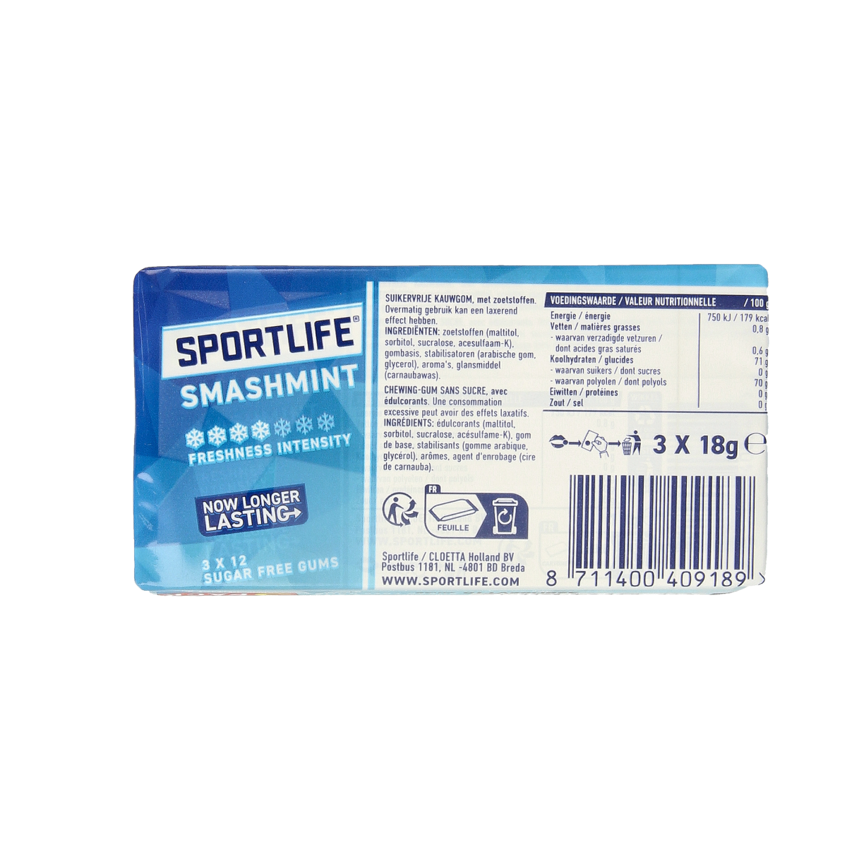 Sportlife Smashmint snoepgoed 3-pack, showing colorful mint candies in clear packaging, brand logo visible on the wrapper.
