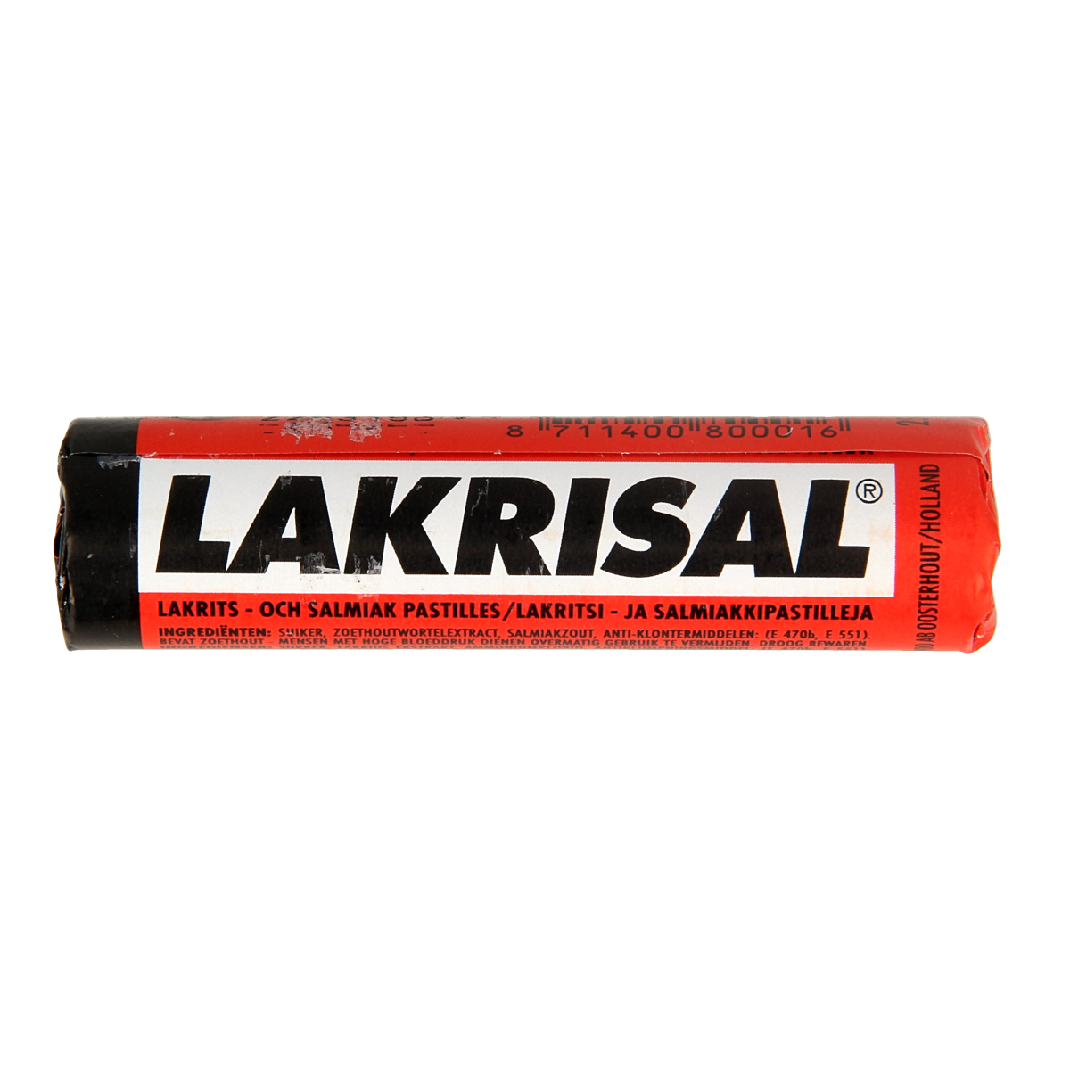 Lakrisal Salmiak candy pack, 25 grams, salty licorice snack by Lakrisal, with black and white salted licorice pieces.