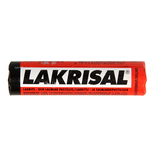 Lakrisal Salmiak candy pack, 25 grams, salty licorice snack by Lakrisal, with black and white salted licorice pieces.