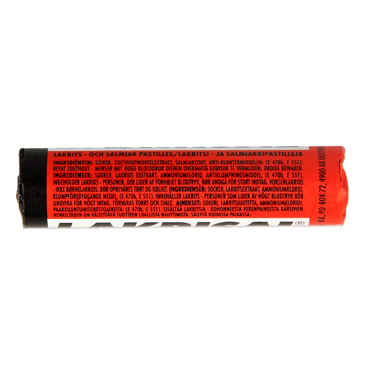 Lakrisal Salmiak 25g salty licorice candy from Lakrisal, close-up of the snack package with salty licorice pieces visible