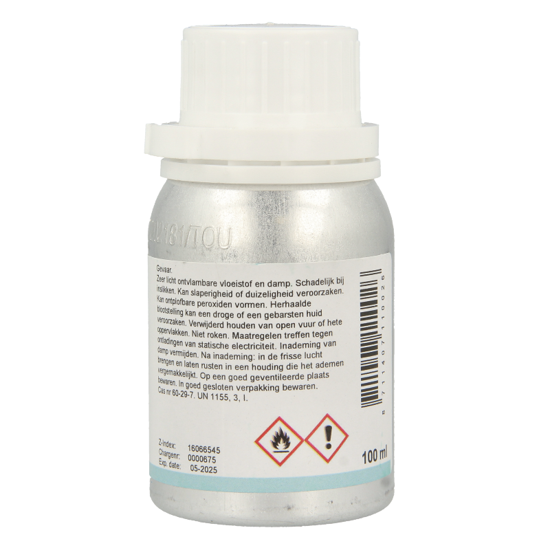 Orphi Diethylether 100ml cleaning product bottle, clear liquid inside, used for cleaning purposes, brand Orphi.