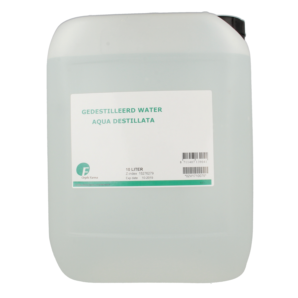 Chempropack distilled water 10 liters, clear and pure, used for cleaning and industrial applications, in a large plastic container.