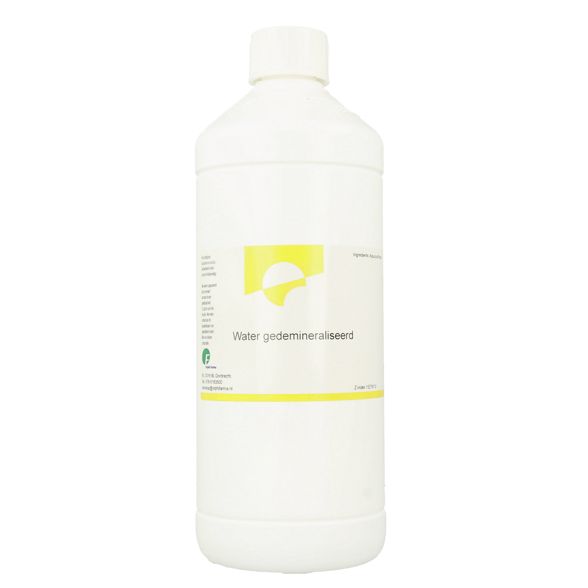 Orphi Gedemineraliseerd water 1 liter bottle, used for cleaning, with clear label and cap, in a clean, practical container.