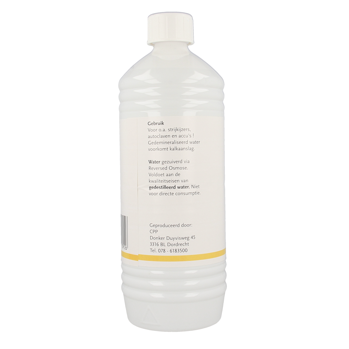 Orphi Gedemineraliseerd water 1 liter bottle, used for cleaning and maintenance, with clear label and cap.
