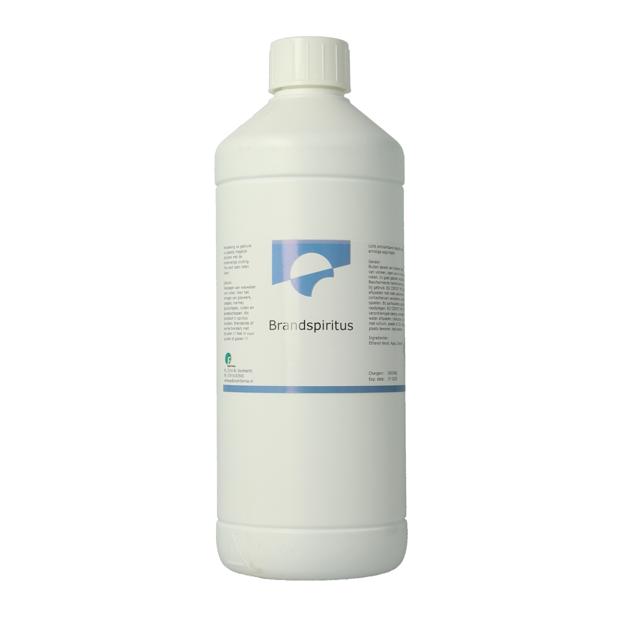 Chempropack Brandspiritus 1-liter cleaning product bottle, clear liquid, designed for household cleaning and disinfecting.
