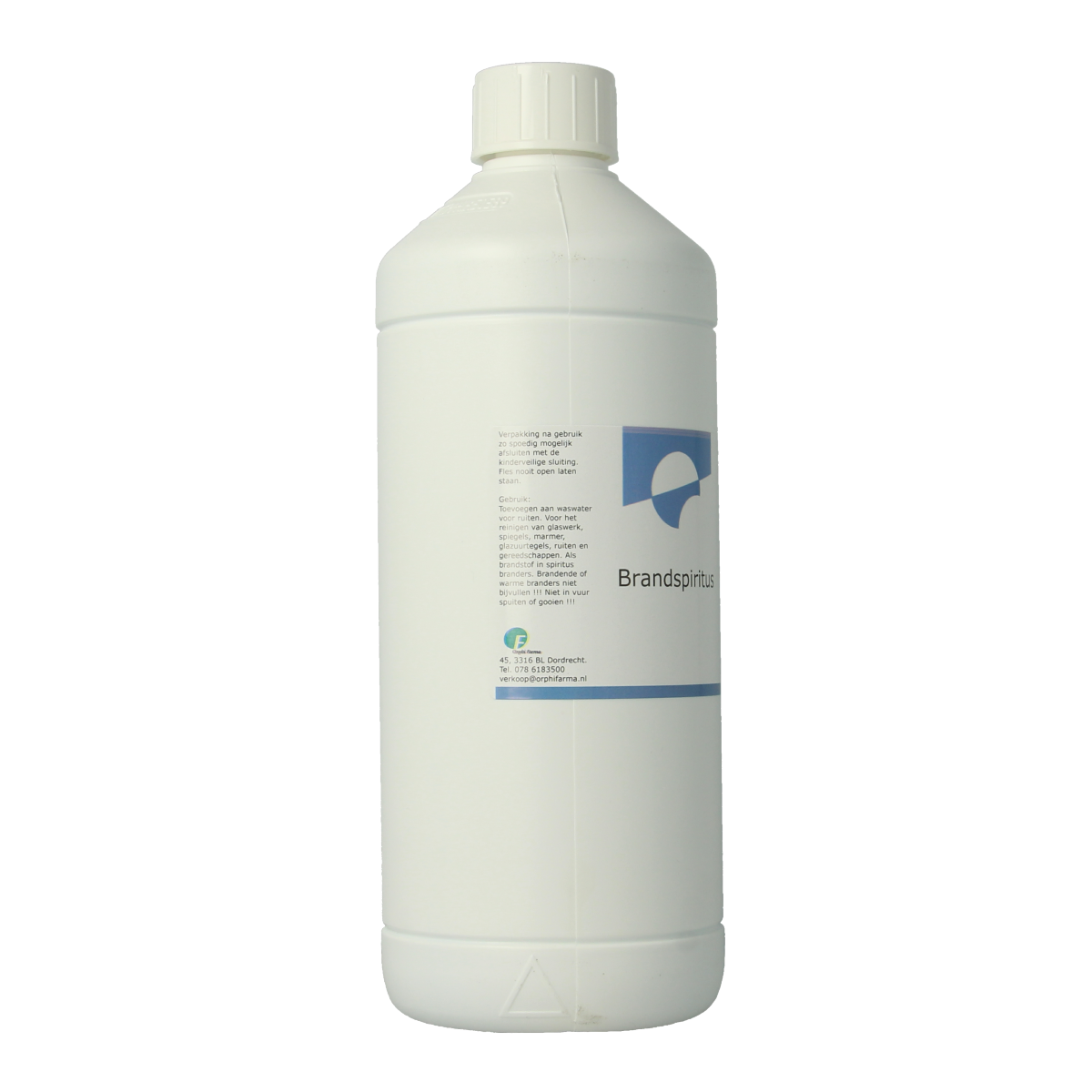 Chempropack Brandspiritus 1-liter cleaning alcohol bottle, clear plastic container with cap, used for sanitizing and cleaning.