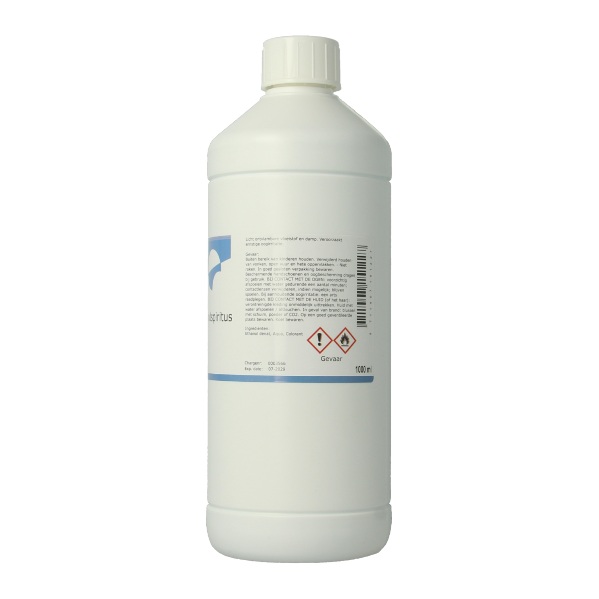 Chempropack Brandspiritus 1-liter cleaning product in a clear plastic bottle with a screw cap, used for sanitizing and disinfecting.