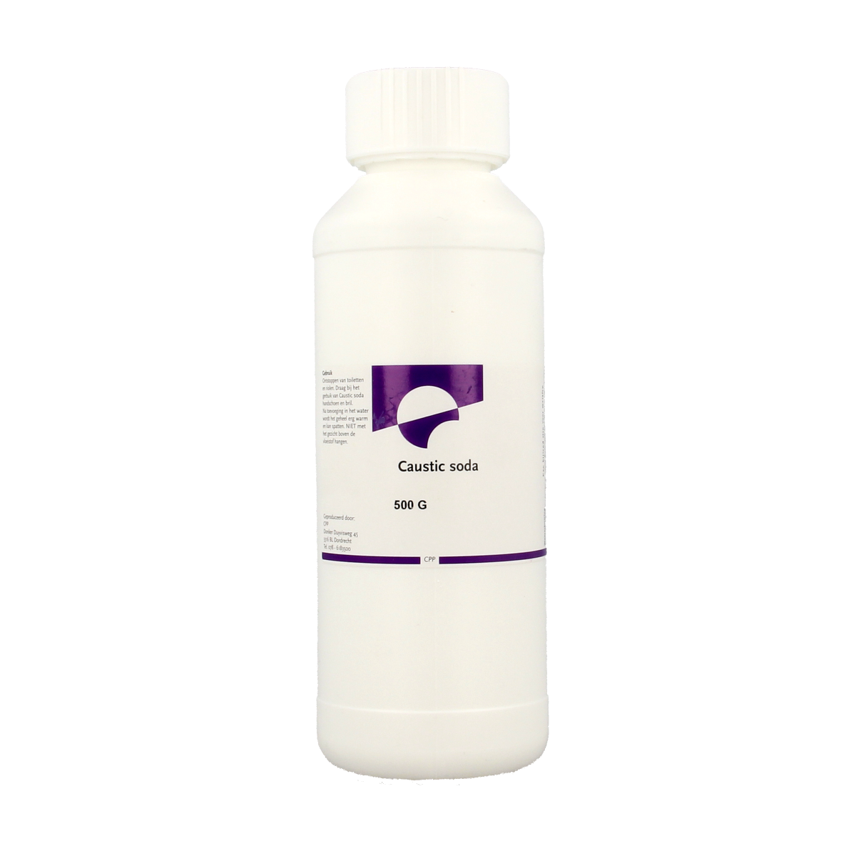Chempropack caustic soda 500g container, a cleaning product used for industrial and household cleaning purposes.