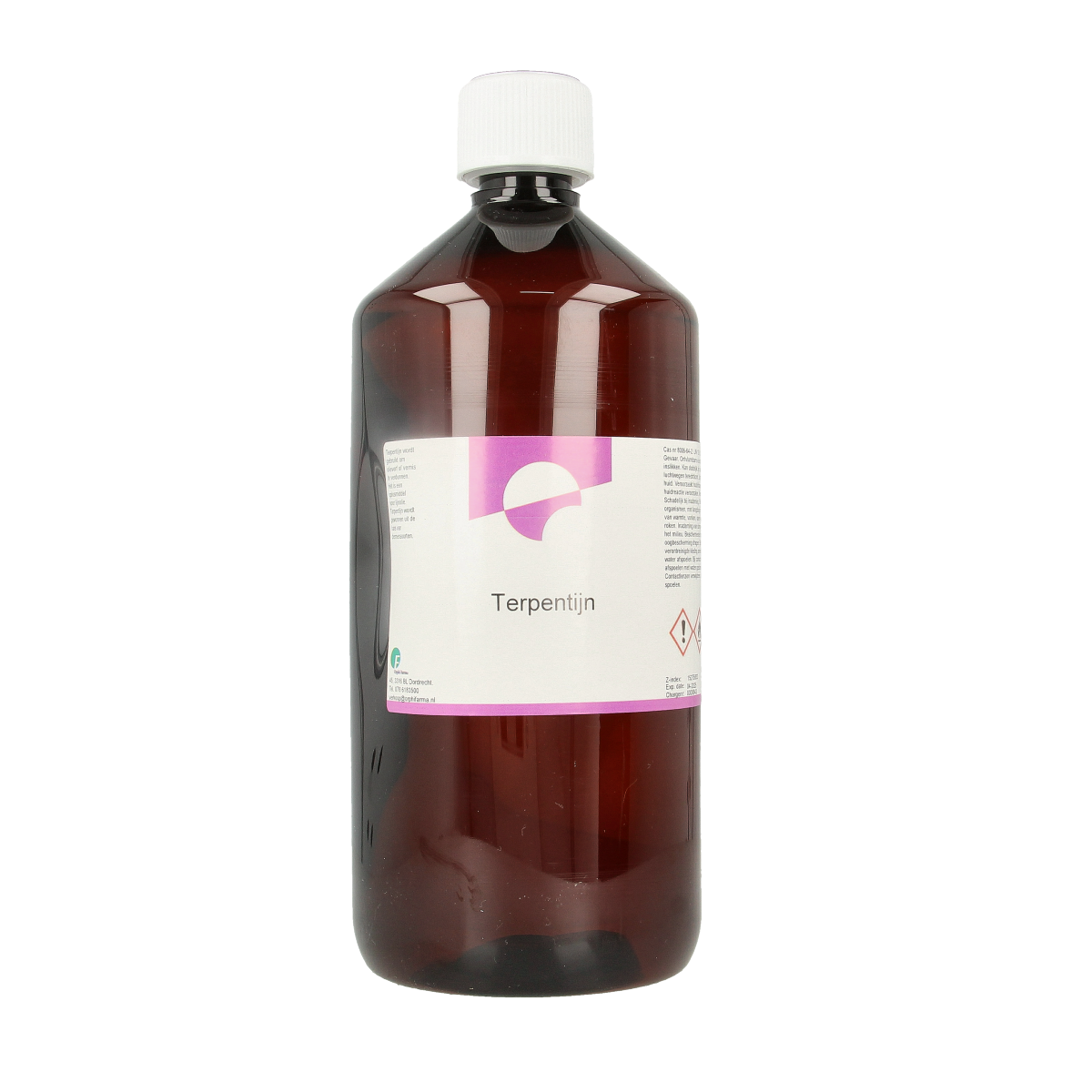 Chempropack Terpentijn schoonmaakartikel in 1-liter container, natural solvent for cleaning and maintenance tasks.