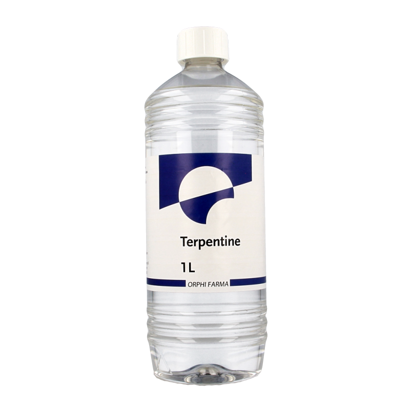 Chempropack Terpentine 1 Liter bottle, cleaning product for household and industrial use, with a white cap and clear label.
