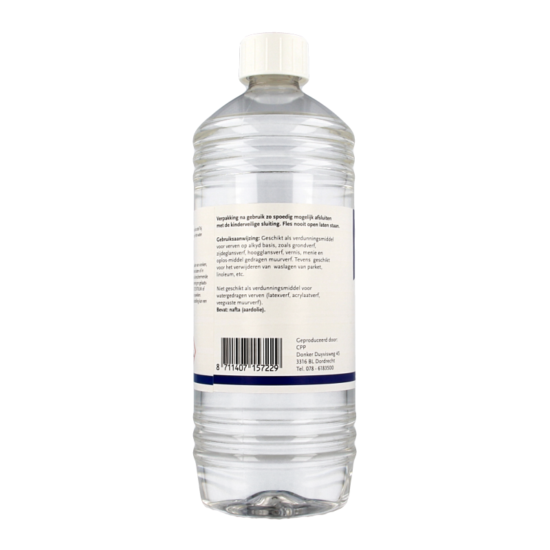 Chempropack terpentine 1-liter bottle, a cleaning product with a white and green label, used for household or industrial cleaning.