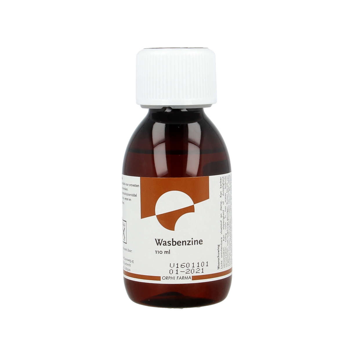 Chempropack Wasbenzine 110ml cleaning solvent in a clear container, used for cleaning and degreasing tasks.