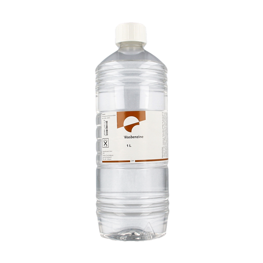Orphi Wasbenzine 1-liter container of cleaning solvent, shown in a clear bottle with label, used for cleaning and degreasing.
