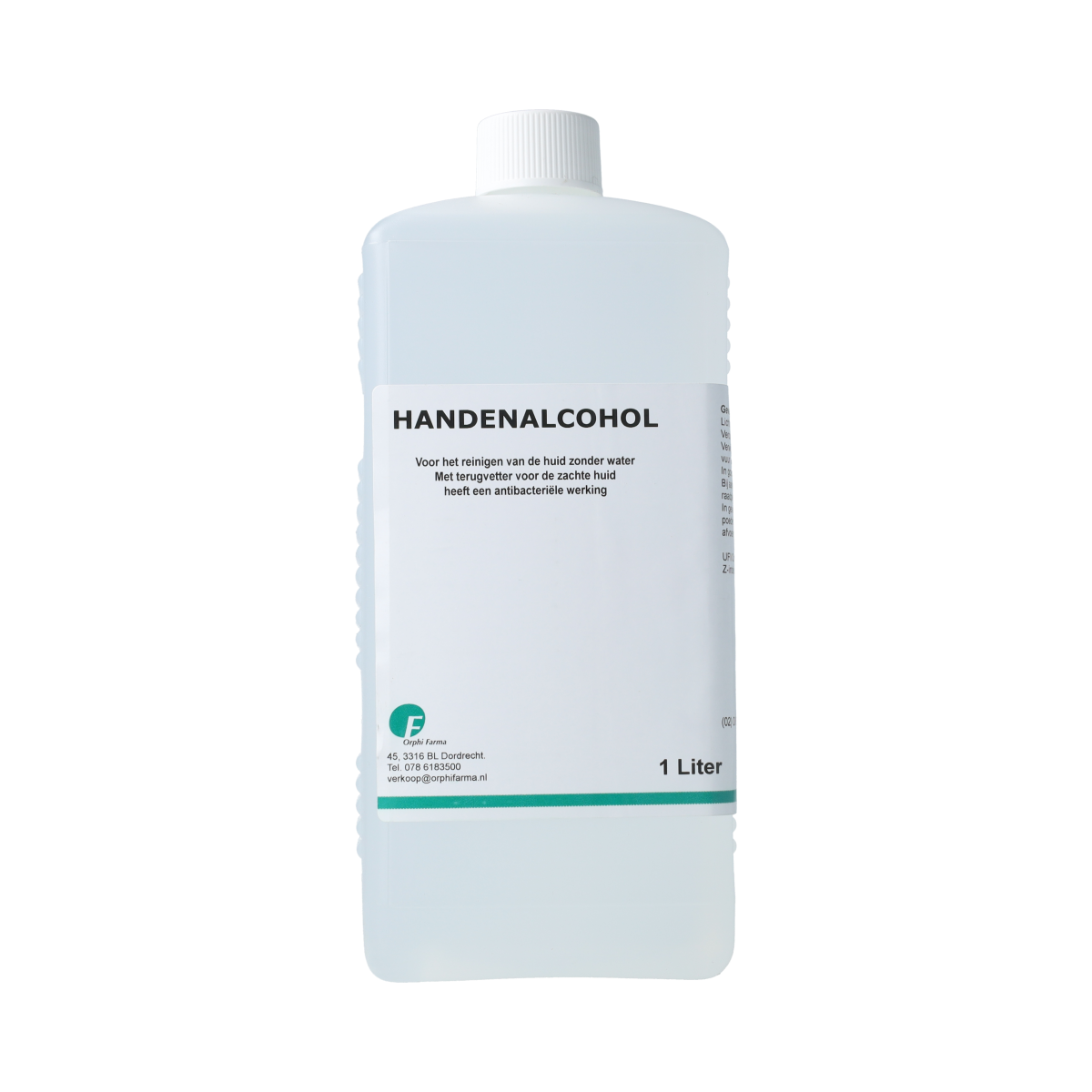 Orphi Handenalcohol 1 liter bottle for hand hygiene, featuring clear liquid and label with brand logo and product details.