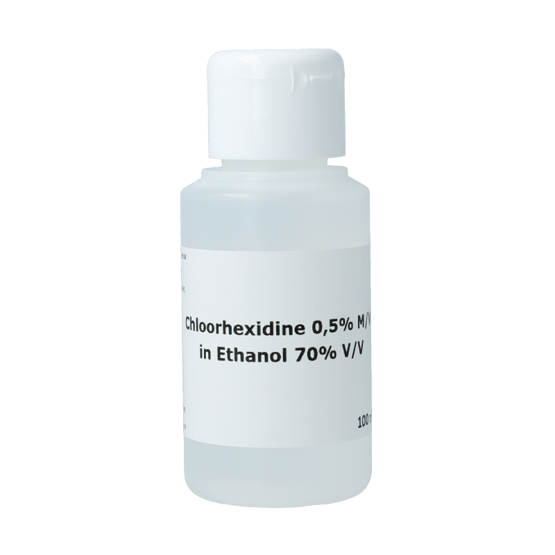 Orphi Chloorhexidine 0.5% alcohol disinfectant bottle with clear liquid, 100ml, for antiseptic skin and surface disinfection.