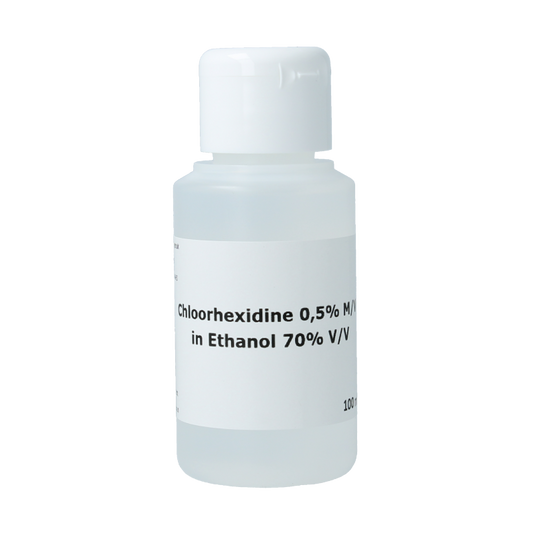 Orphi Chloorhexidine 0.5% alcohol disinfectant bottle with clear liquid, 100ml, for antiseptic skin and surface disinfection.