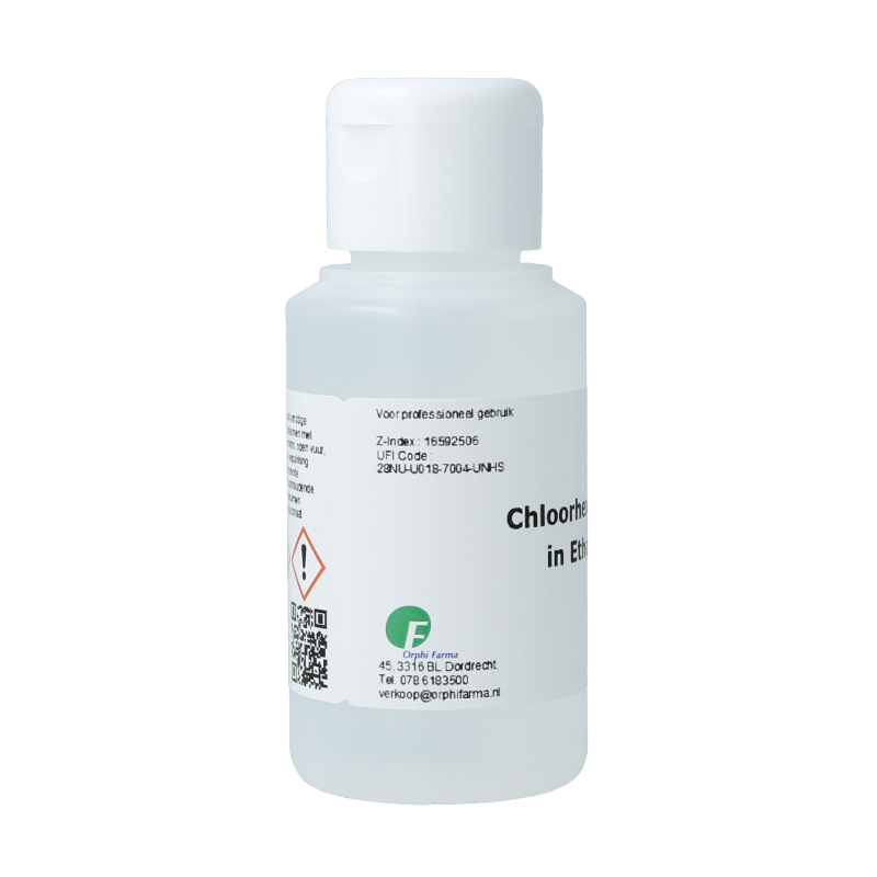 Orphi Chloorhexidine 0.5% alcohol disinfectant bottle, 100ml, used for antiseptic skin and surface cleaning.