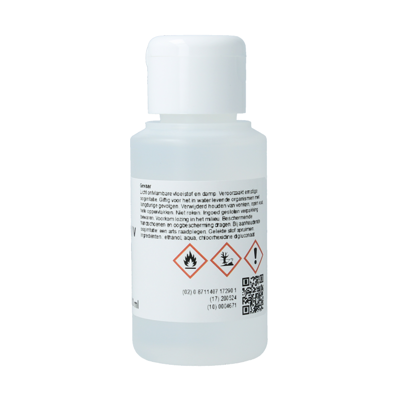 Orphi Chloorhexidine 0.5% alcohol disinfectant in 100ml bottle, used for antiseptic cleaning and disinfection.