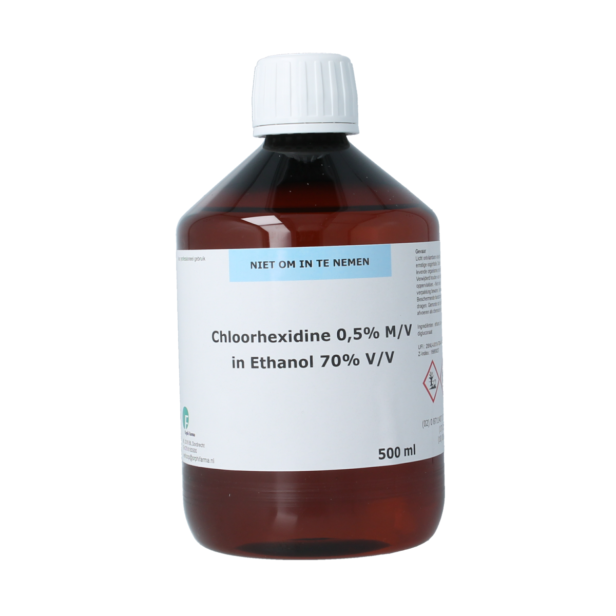 Orphi Chloorhexidine 0.5% disinfectant in ethanol, 70%, 500ml bottle, used for surface and skin disinfection.