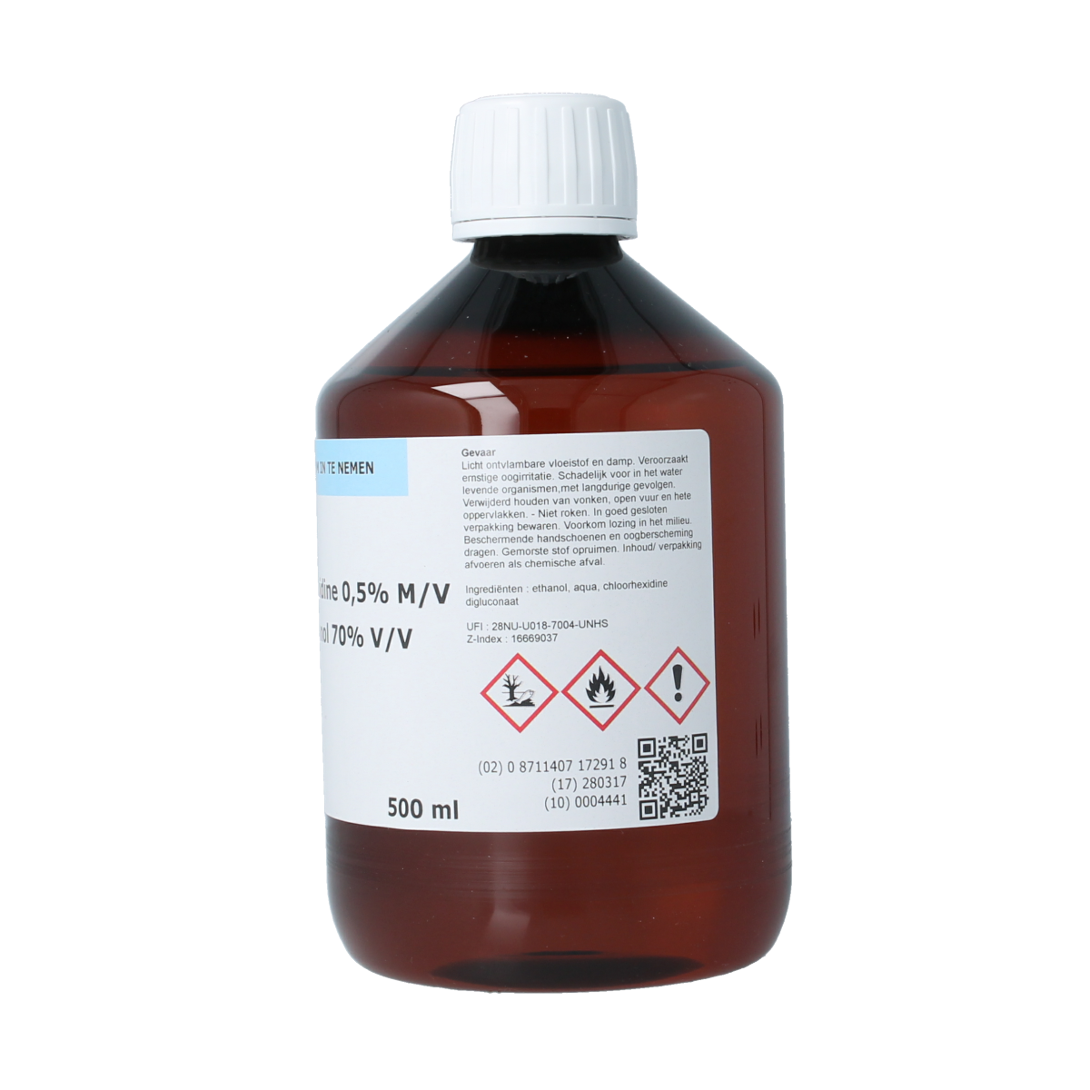 Orphi Chloorhexidine 0.5% disinfectant in ethanol 70%, 500ml bottle, antiseptic solution for cleaning and disinfecting.