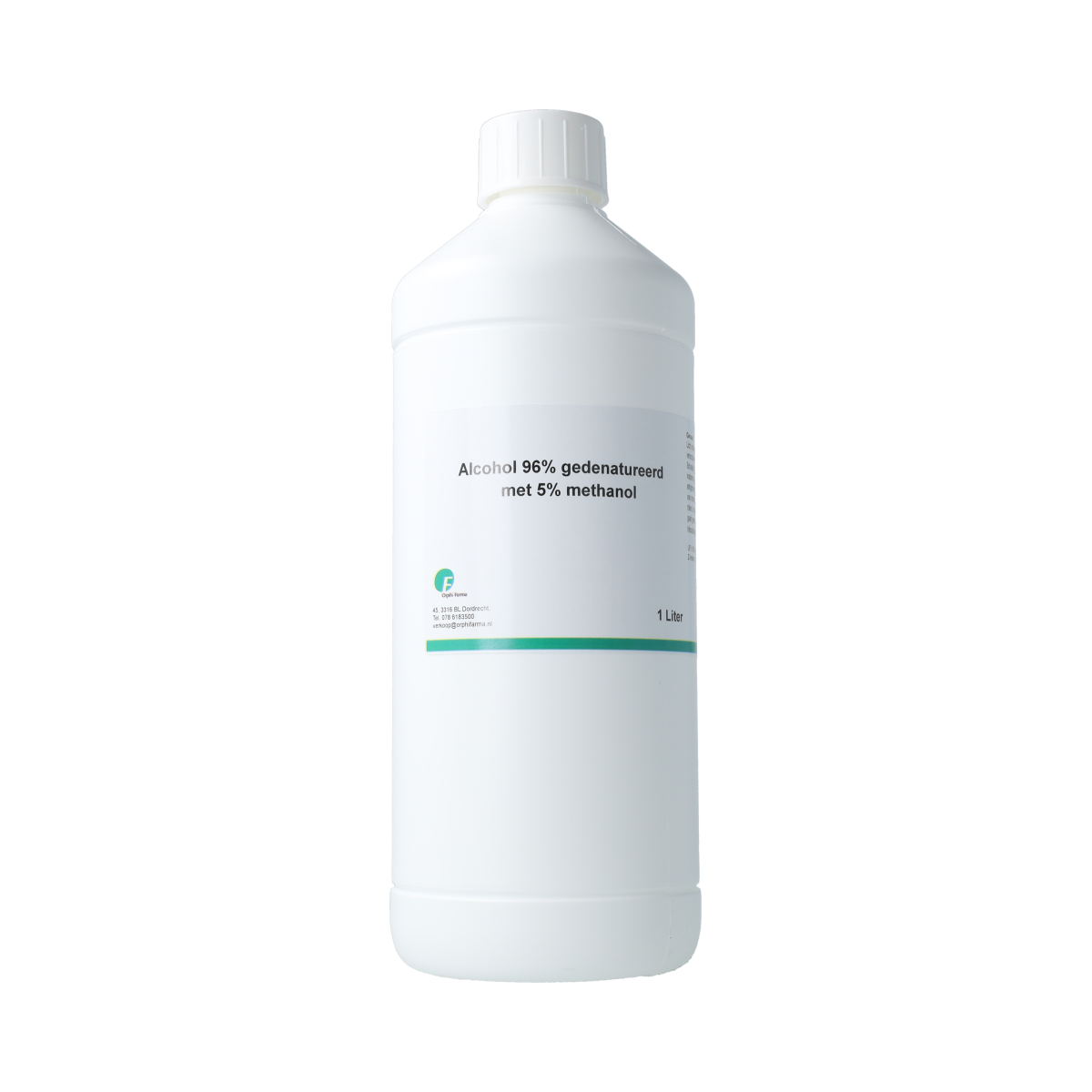 Orphi alcohol 96% denatured with 5% methanol, 1-liter bottle, used for cleaning and disinfecting purposes.