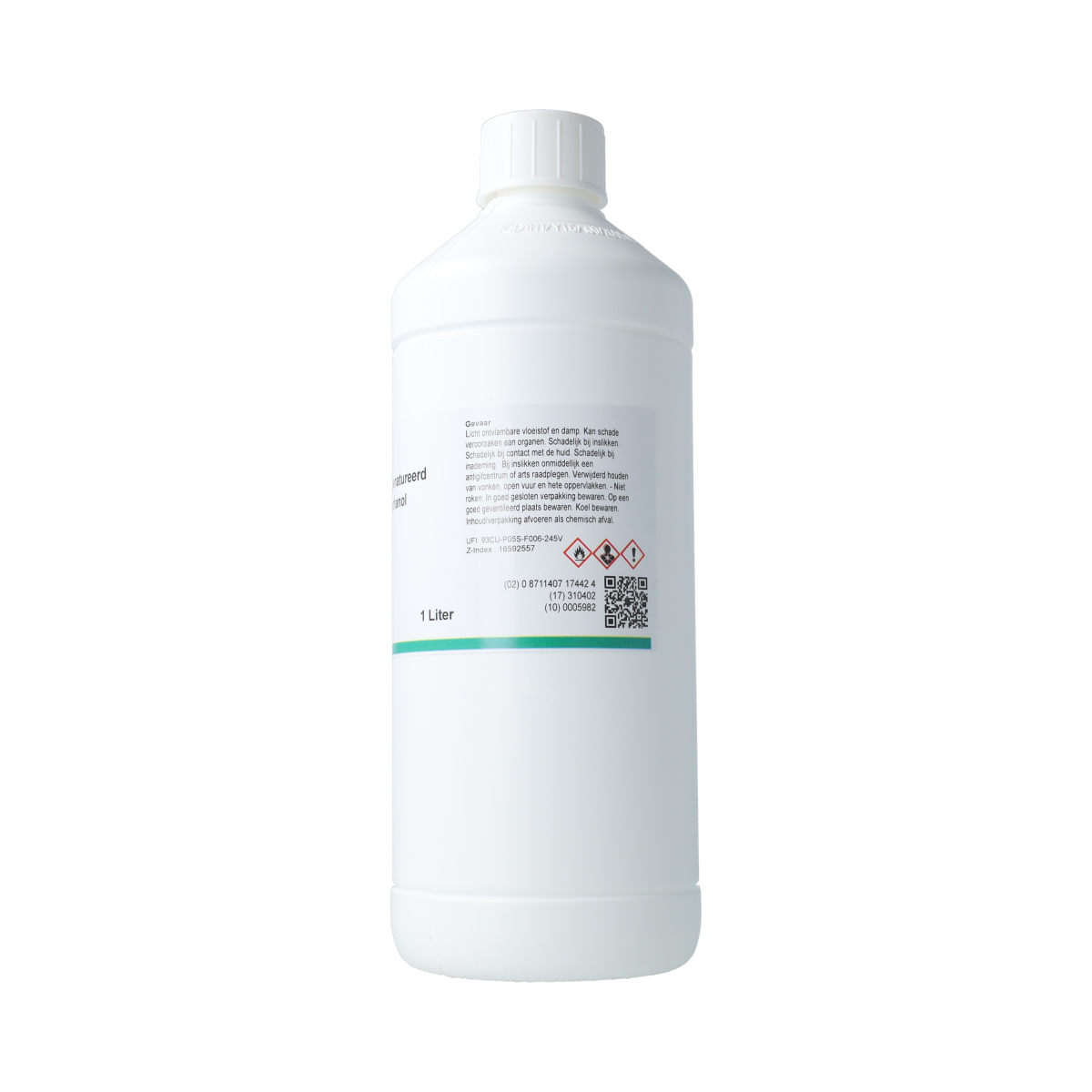 Orphi alcohol 96% denatured with 5% methanol, 1-liter bottle, used for cleaning and disinfection purposes.