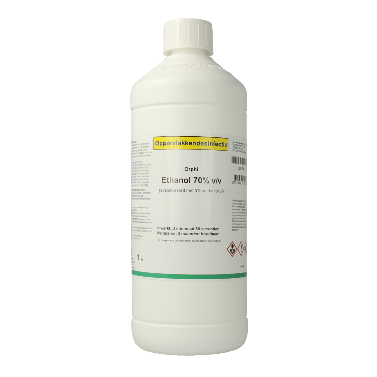 Orphi Ethanol 70% disinfectant bottle with 5% methanol, 1-liter size, clear liquid in a labeled container.