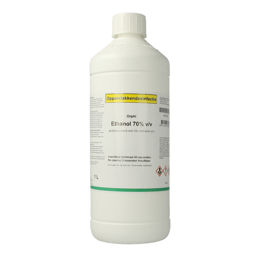 Orphi Ethanol 70% disinfectant bottle with 5% methanol, 1-liter size, clear liquid in a labeled container.