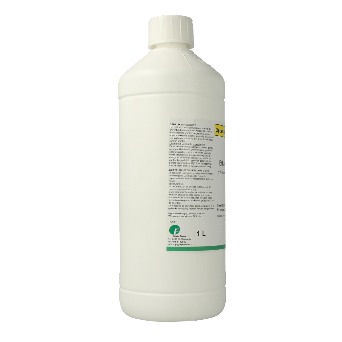 Orphi Ethanol 70% disinfectant bottle with 5% methanol, 1-liter container for sanitizing and cleaning purposes.