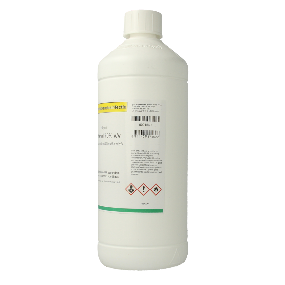 Orphi Ethanol 70% disinfectant bottle with 5% methanol, 1-liter container for sanitizing and cleaning purposes