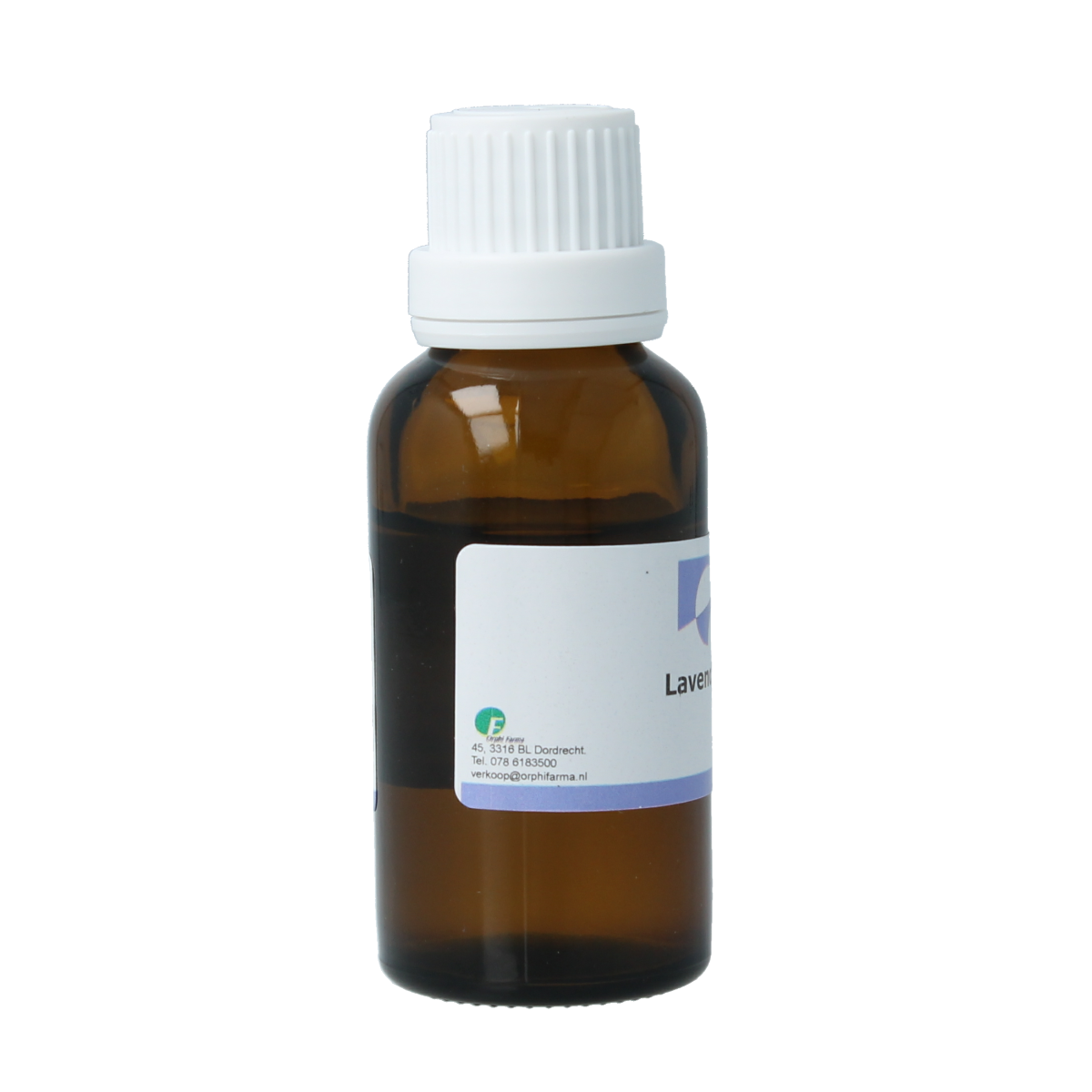 Orphi lavender essential oil bottle, 25ml, dark glass container with lavender-colored label, for aromatherapy and relaxation.