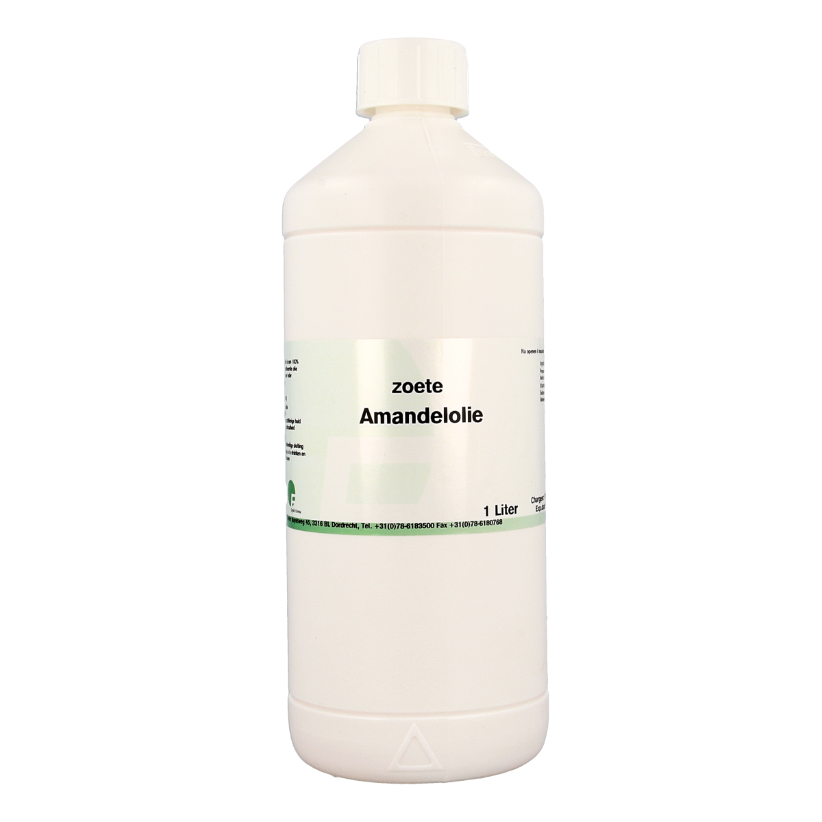 Chempropack Amandelolie 1 liter, natural body care oil, shows a clear bottle of almond oil with a white cap and label.