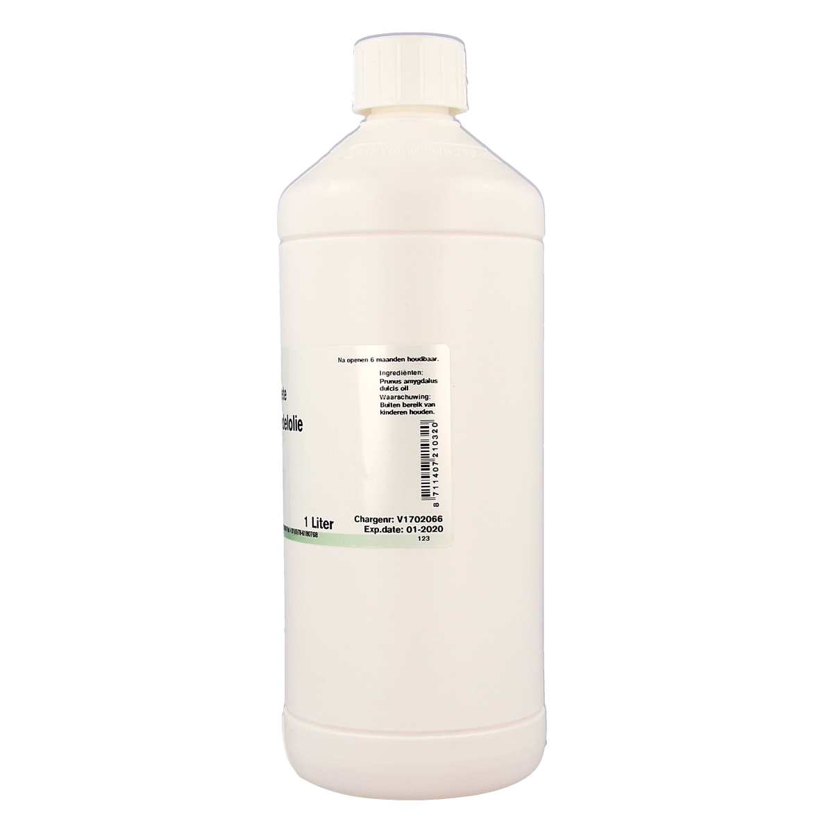 Chempropack Amandelolie 1 liter, natural body care oil with almond extract, shown in a clear bottle.