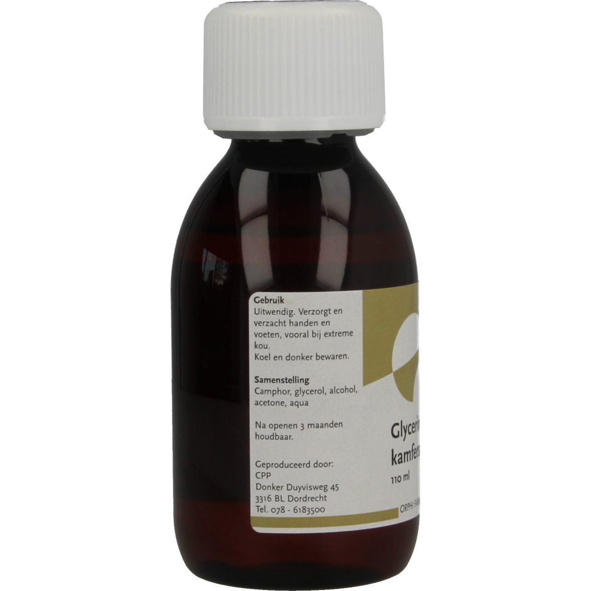 Chempropack glycerine kamfer spiritus for foot care in a 110ml bottle, with clear label and cap, suitable for soothing foot treatment.