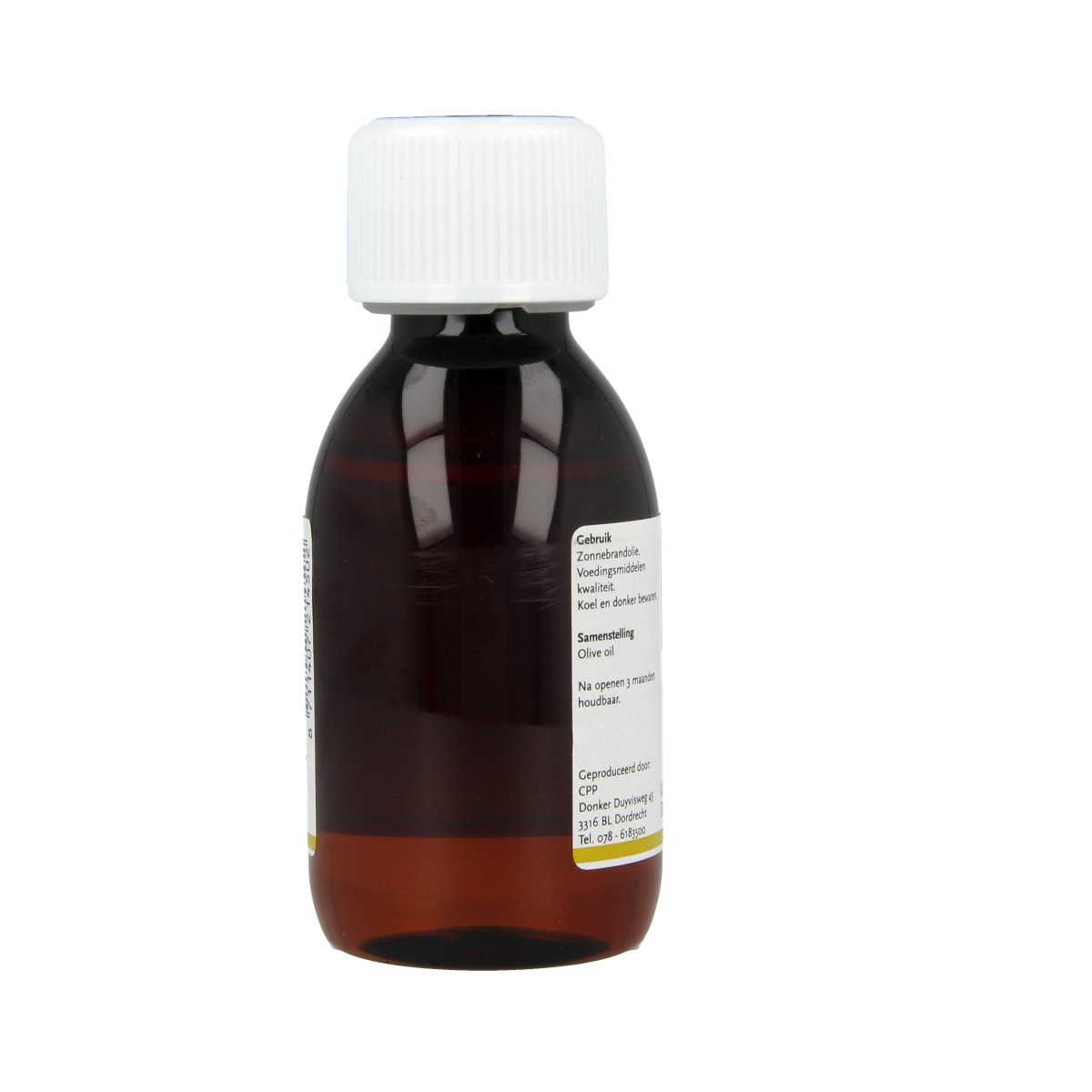 Chempropack Olijfolie 110ml cleaning oil bottle, showcases the product's label and transparent container against a white background.