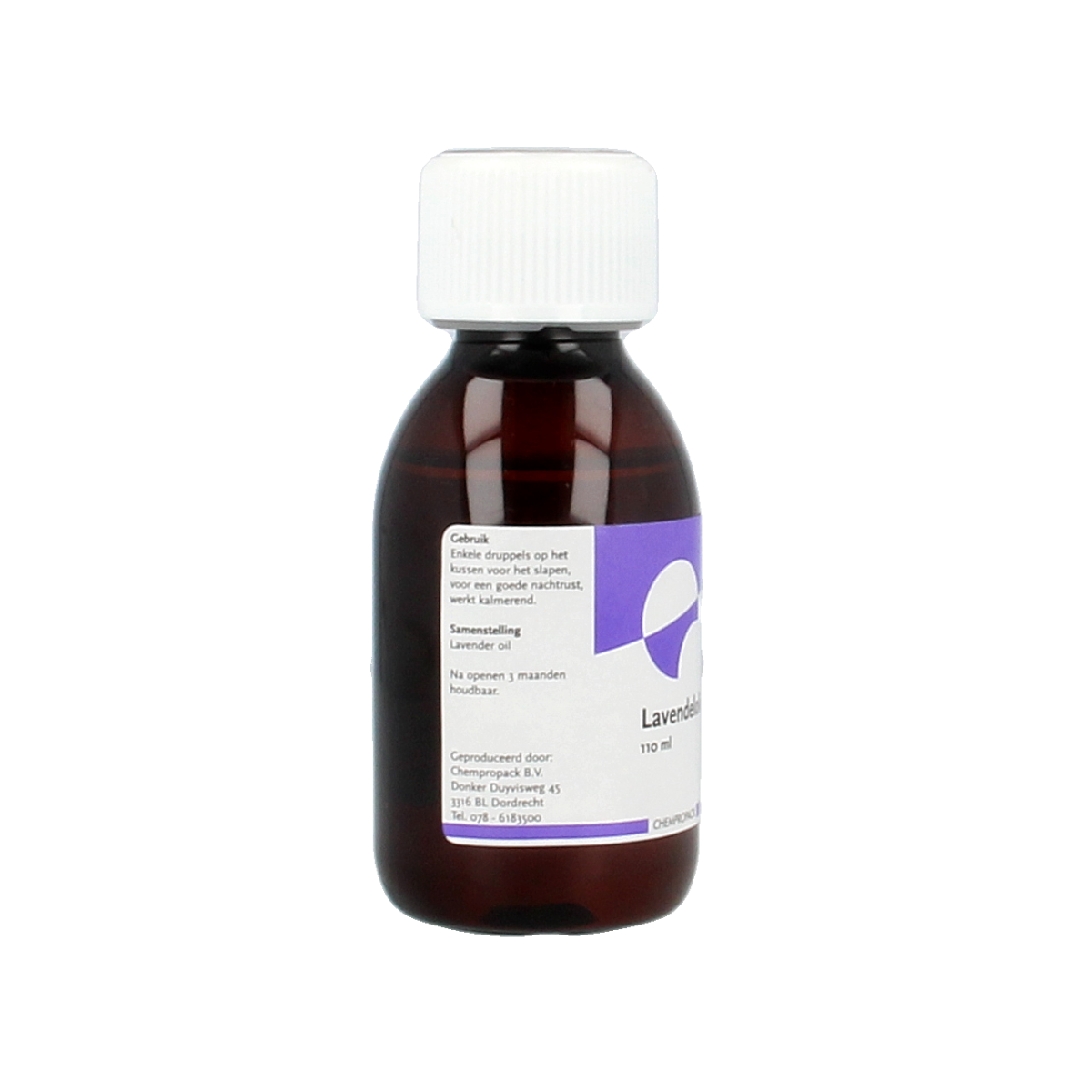 Chempropack Lavendelolie 110ml in a clear bottle, used for cleaning and aromatherapy, with purple lavender flowers in the background.