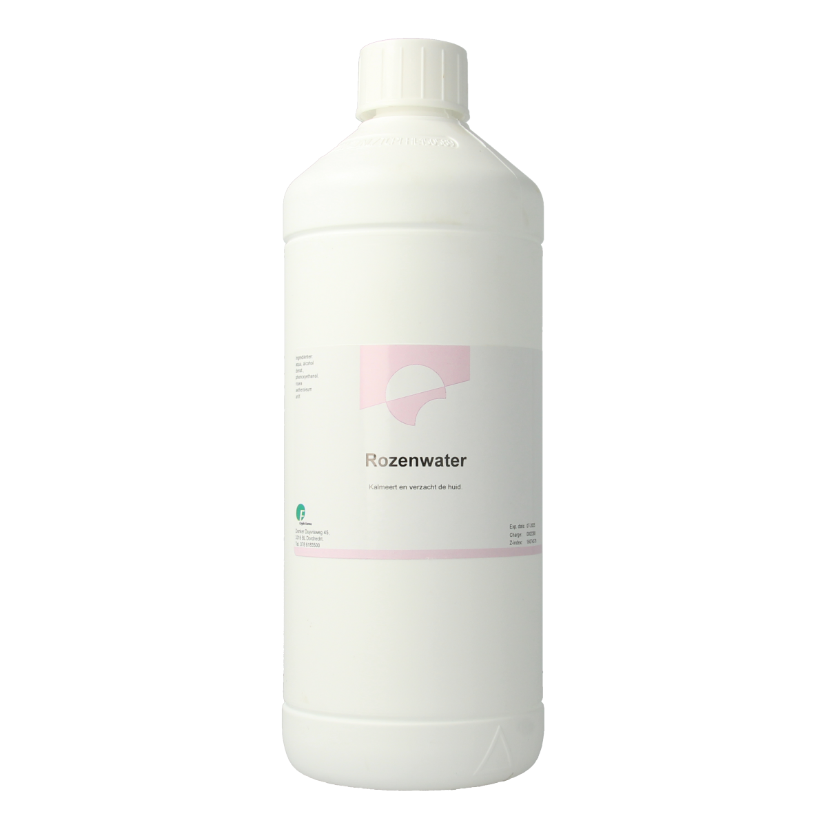 Chempropack Rozenwater 1L bottle, natural body care product with rosewater for skincare and refreshing use.