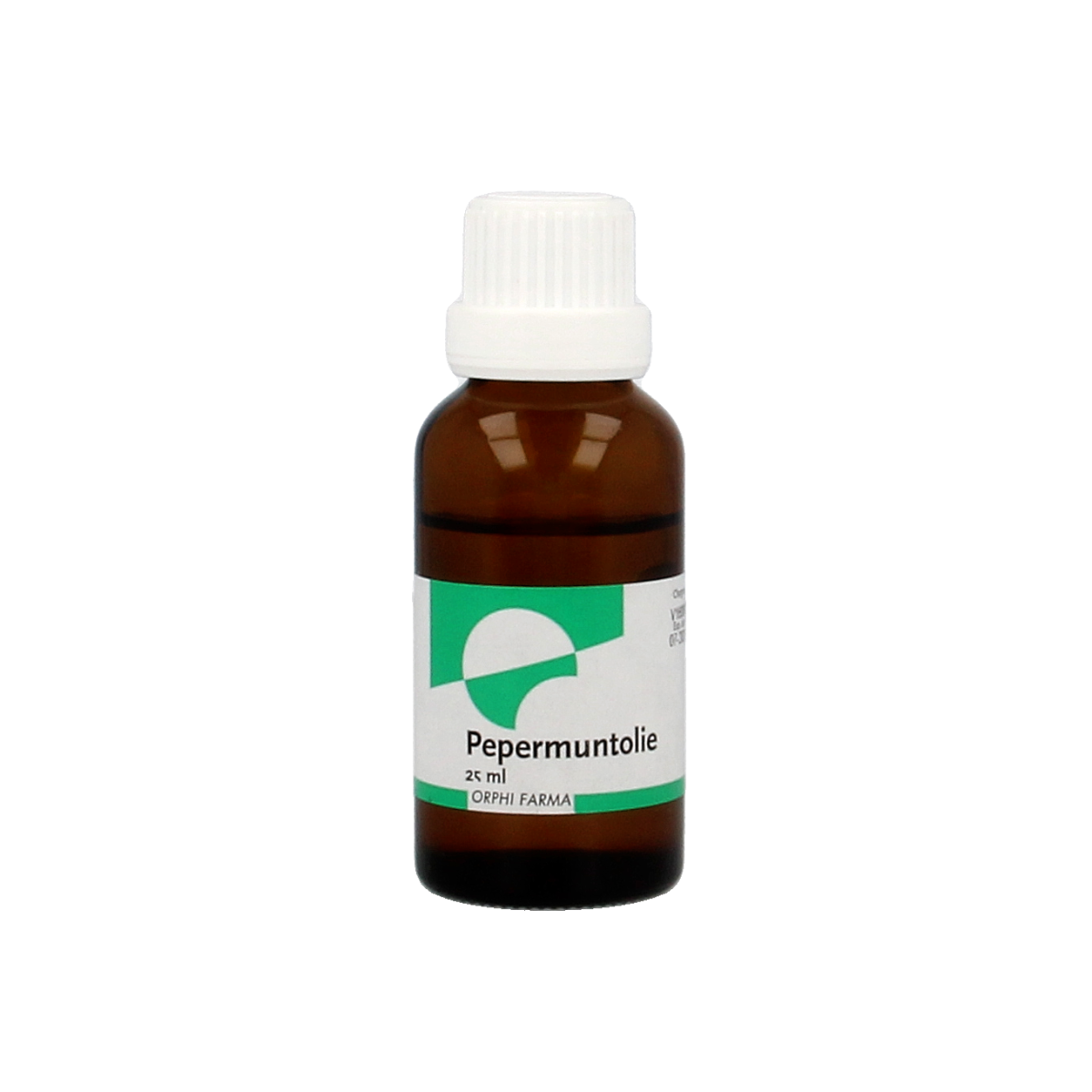 Chempropack Pepermunt olie 25ml bottle showing the clear glass container with a white label and green peppermint illustration.