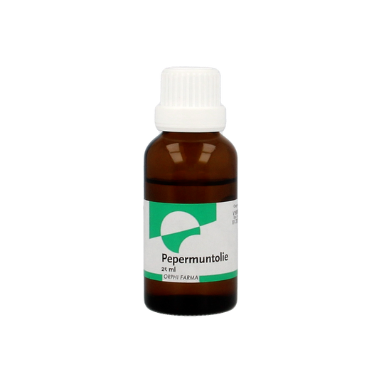 Chempropack Pepermunt olie 25ml bottle showing the clear glass container with a white label and green peppermint illustration.