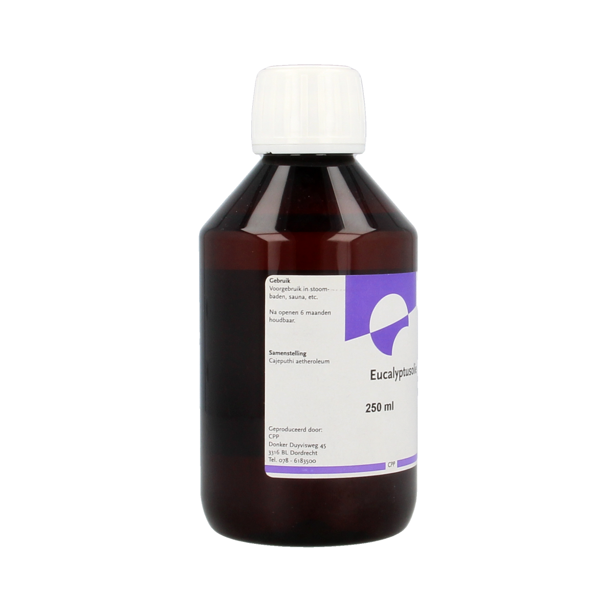 Orphi Eucalyptus essential oil in a 250ml bottle, showcasing clear liquid and label with eucalyptus leaves on the packaging.