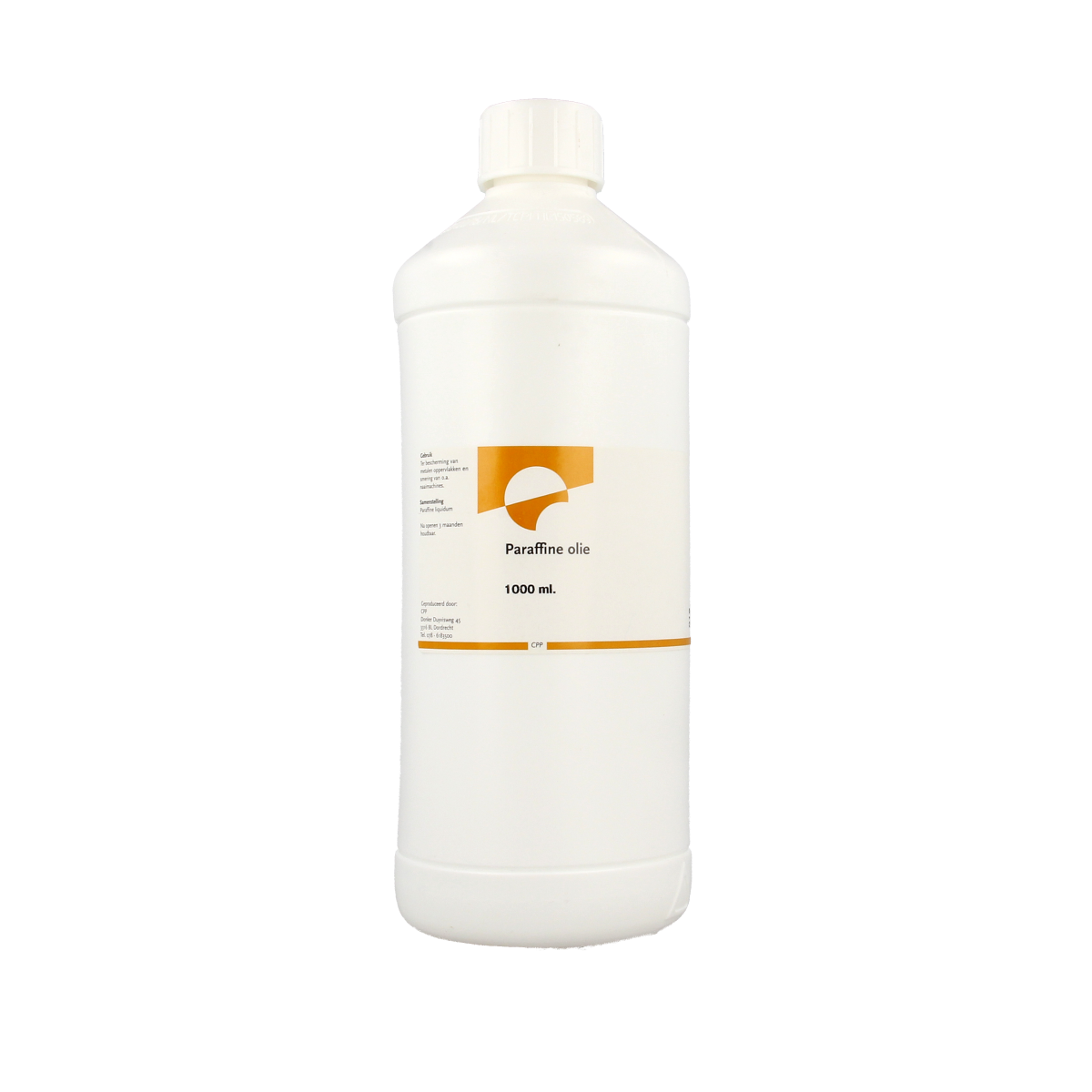 Orphi Paraffineolie 1 liter, body care product with clear liquid in a bottle, used for moisturizing and skin nourishment.
