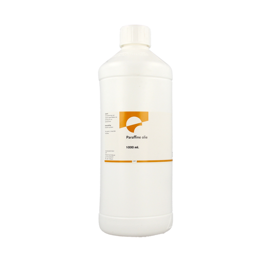 Orphi Paraffineolie 1 liter, body care product with clear liquid in a bottle, used for moisturizing and skin nourishment.