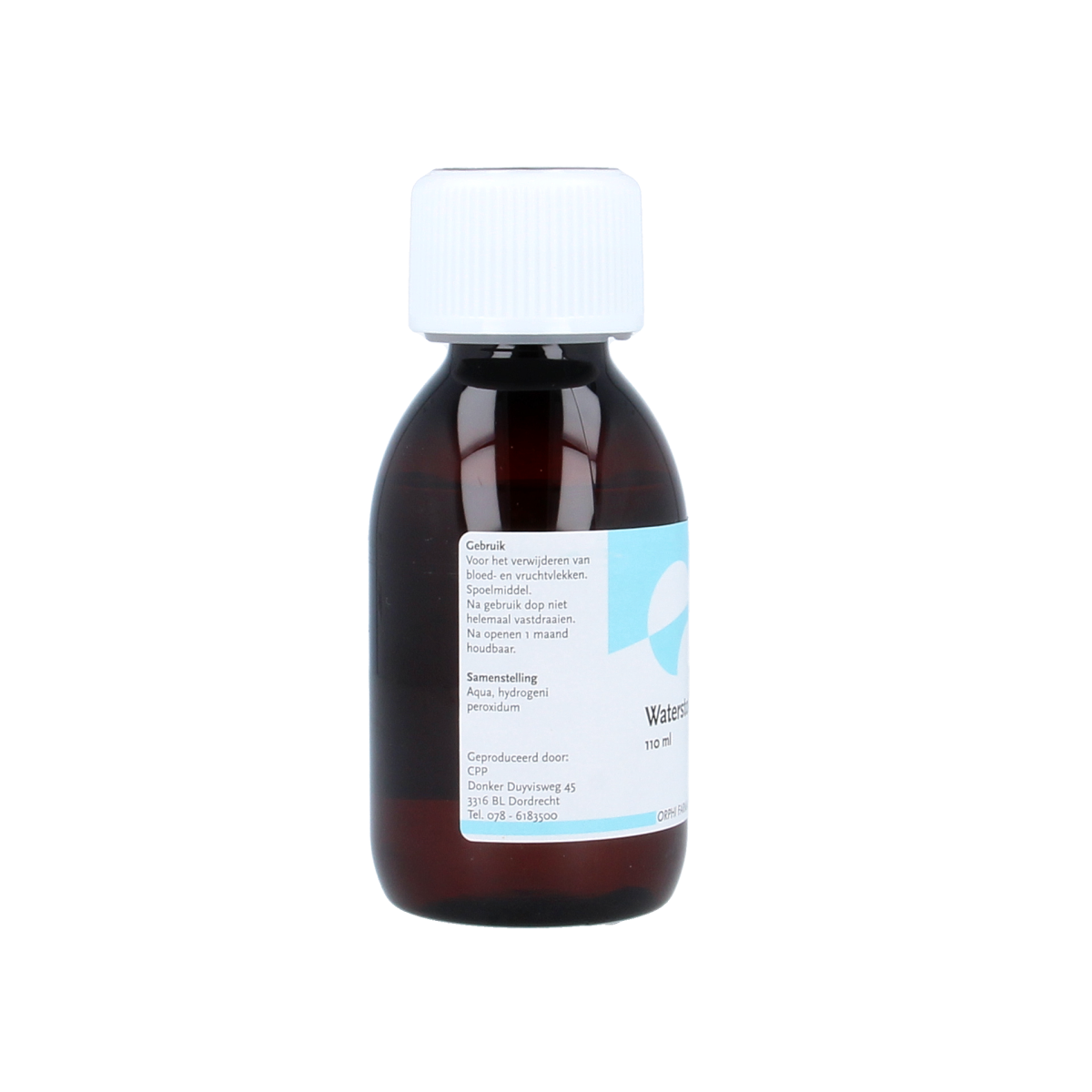 Orphi Waterstofperoxide 3% cleaning solution bottle, 110ml, in a clear plastic container with label, for household disinfecting.