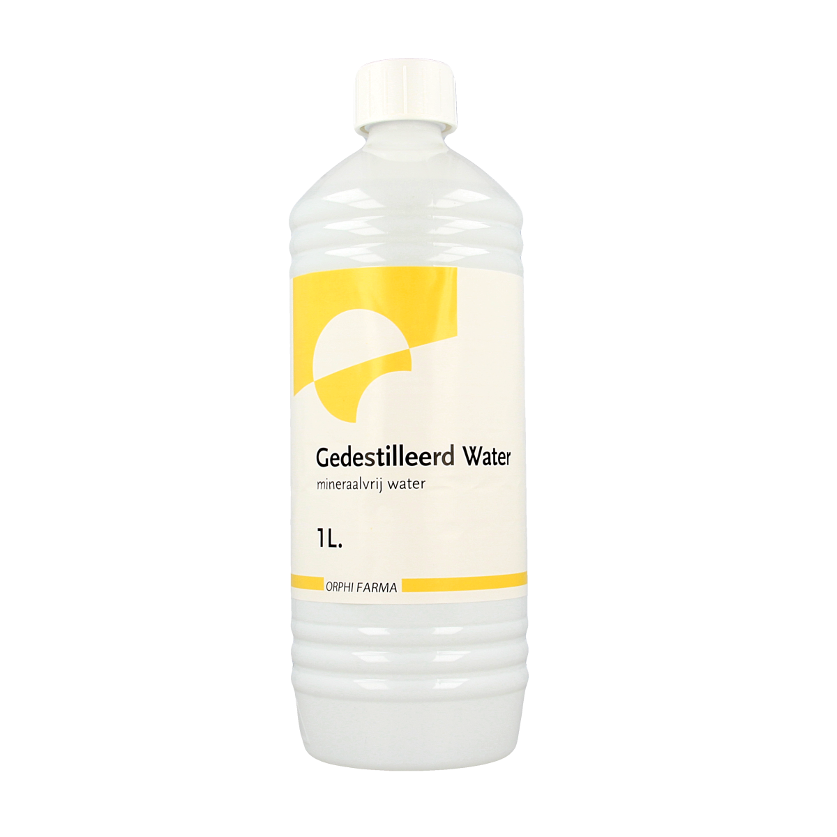 Orphi gedestilleerd water 1 liter, schoonmaakartikel, clear bottle with label, used for cleaning and household applications